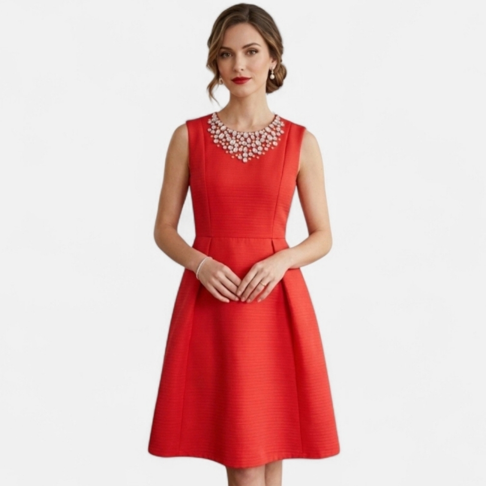 Kate Spade Jeweled Neckline Red Fit & Flare Dress Sleeveless Holiday Party SM 6